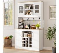 Buffet de Cuisine 106x39x175 cm LEMLIT Vaisselier Multi-Rangements 2 Portes Vitrées Range-Bouteilles Crochets - Blanc et Bois