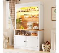 Buffet de cuisine, 107x34x184 cm, armoire haute, avec LED et étagère en verre, barre de suspension, charge jusqu'à 60 kg, blanc