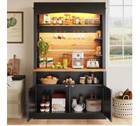 Buffet de cuisine, 107x34x184 cm, armoire haute, avec LED et étagère en verre, barre de suspension, charge jusqu'à 60 kg, noir