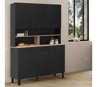 Buffet de cuisine 120 cm cina 6 portes + tiroir noir et plateaux façon hêtre