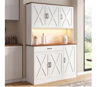 Buffet de cuisine 120 cm LOUISE 6 portes + 1 tiroir avec LED et multiprises blanc et bois effet noyer