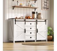 Buffet de Cuisine 137×40×81,5 cm Blanc Style Rustique avec 4 Tiroirs, 2 Portes Coulissantes et Grand Plateau de Rangement