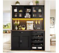 Buffet de cuisine 140 cm avec LED, portes vitrées, tiroir, range-bouteilles 9 bouteilles, chariot amovible ORVRYN