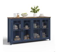 Buffet de Cuisine 160 cm avec Portes Vitrées, Grand Rangement, Dessus en Effet Bois Meuble Bas Moderne pour Cuisine et Salon-Bleu