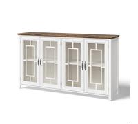 Buffet de Cuisine 160 cm avec Portes Vitrées, Grand Rangement, Dessus en Effet Bois Meuble Bas Moderne pour Cuisine et Salon-Blanc
