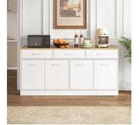 Buffet de cuisine 160 cm blanc brillant plan effet bois 3 tiroirs étagères réglables îlot polyvalent rangement moderne pratique