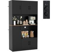 Buffet de Cuisine 180 CM avec Prise de Recharge COSTWAY avec Support Micro-ondes, Station de Bar à Café Moderne en Bois, Noir
