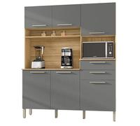 Buffet de Cuisine 6 Portes 2 Tiroirs Chêne et Gris L 160.7 H 196 P 38.8 cm
