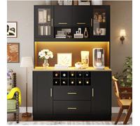 Buffet De Cuisine 6 Portes Noir, Vaisselier Moderne FloraGrace, Pour Cuisine, LED Et Prises Integrees, 120x36,3x180cm