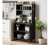 Buffet de Cuisine à 5 Niveaux COSTWAY, Portes Battantes, Panneau Perforé, Crochets, 4 Roues ou Pieds Ajustables, Noir