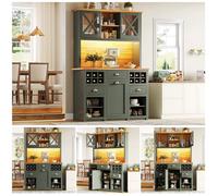 Buffet de cuisine - Armoire haute 120×45×188 cm - Portes vitrées - Éclairage LED - Prises AC + 2 USB - Vert