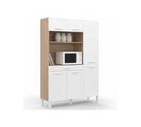 Buffet de cuisine avec colonne de rangement 120 cm cina 6 portes + tiroir façon hêtre et blanc