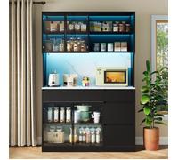 Buffet de cuisine avec plan de travail,Meuble haut éclairage LED, finition effet marbre sur la partie centrale, MDF 120x40x180cm