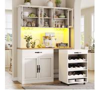 Buffet de Cuisine Blanche 140cm avec Chariot à roulettes - Armoire Haute LED avec Port USB - Garde- pour Salon et Salle à Manger