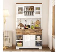 Buffet de Cuisine Bois - Vaisselier avec Vitrine - 2 Tiroirs, Portes et Barre à Crochets - Meuble de Rangement Haut - Blanc