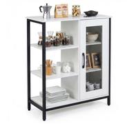 Buffet de Cuisine COSTWAY avec Placard à Porte, Plateau Spacieux, Étagères Réglables, 2 Kits Anti-basculement, Blanc et Noir