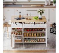 Buffet de cuisine - DREAMMESPACE - Îlot avec plan de travail - 2 tiroirs - Blanc - 137 x 89,5 x 45 cm