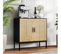 Buffet de Cuisine en Rotin à 2 Portes COSTWAY, Étagère Réglable à 3 Positions pour Cuisine, Salle à Manger, Salon, Couloir, Noir