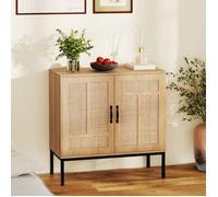 Buffet de Cuisine en Rotin à 2 Portes COSTWAY, Étagère Réglable à 3 Positions pour Cuisine, Salle à Manger, Salon, Couloir, Naturel