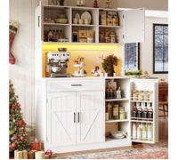 Buffet de cuisine EVRYAE 110 x 38 x 180 cm avec rangement, 5 portes, 1 tiroir, LED et prises USB, blanc