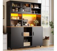 Buffet de Cuisine Grand Vaisselier Noir et Bois avec Portes Coulissantes en Verre et Éclairage - Style Industriel