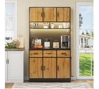 Buffet de Cuisine Haut 100x40x180 cm - Vaisselier avec LED Connectée APP Prises USB 3 Tiroirs 6 Portes - Noir et Naturel