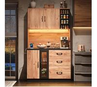 Buffet de Cuisine Haut 105x40x180cm - Design Moderne Noir et Bois avec Éclairage LED, Vitrine et Prises Intégrées - Naturel et Noir
