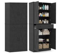 Buffet de Cuisine Haut 183 cm COSTWAY, 4 Portes, 1 Tiroir, 3 Étagères Ajustables, 2 Kits Anti-Basculement, Meuble de Rangement Noir