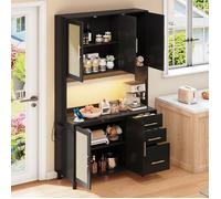 Buffet de cuisine haut 183cm avec LED, 2 Prises et 2 USB, Vaisselier 3 tiroirs pour salle à manger, Meuble de rangement moderne
