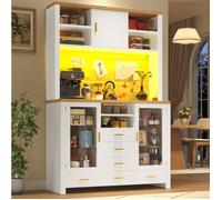 Buffet de Cuisine Haut avec 4 Portes et 6 Tiroirs, LED Réglable, MDF Blanc et Décor Bois 120×40×188 cm - UVRION