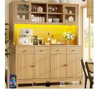 Buffet de cuisine haut EVRYAE 140 x 38,5 x 180 cm avec LED RGB, portes vitrées, 4 tiroirs, décor bois naturel
