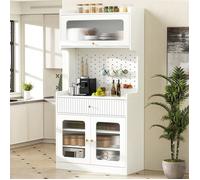 Buffet de Cuisine Haut LED - 80x40x180cm - Vaisselier Commode 4 Portes 1 Tiroir Verre Cannelé Panneau Perforé - Blanc