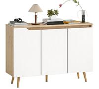 HOMCOM Buffet Salon 2 Étagères Réglables 107 x 35 x 76,5 cm Blanc et Chêne | Meuble de Rangement, 3 Portes, 5 Pieds en Bois d'Hévéa, Style Rustique, Buffet Salle à Manger et Cuisine
