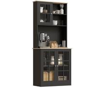 HOMCOM Buffet Cuisine, Meuble Cuisine Rangement Haut, Meuble de Rangement avec Plan de Travail, 3 Portes vitrées, 2 niches et étagères réglables, 80 x 37 x 183 cm, Noir chêne