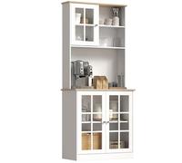 HOMCOM Buffet Cuisine, Meuble Cuisine Rangement Haut, Meuble de Rangement avec Plan de Travail, 3 Portes vitrées, 2 niches et étagères réglables, 80 x 37 x 183 cm, Blanc chêne
