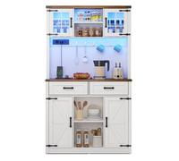 Buffet de cuisine meuble bar WUVWAY 100 x 40 x 172 cm avec LED, prises, 2 tiroirs et portes vitrées blanc marron