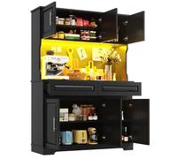 Buffet de Cuisine Moderne,Armoire haute cuisine avec éclairage intelligent,Plan de travail,Tiroirs et Portes,108x40x180cm,Noir