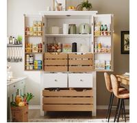 Buffet de cuisine - MODERNLUXE - 80x40x140 cm - 2 portes - 5 tiroirs - Blanc + Naturel - MDF + Panneaux de particules