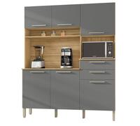 Buffet de Cuisine - MONTESA - 6 Portes - 2 Tiroirs - Imitation Chêne et Gris - L 160.7 x H 196 cm