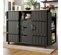 Buffet de cuisine noir à roulettes avec plan effet bois tiroirs portes coulissantes étagère à épices et porte-serviettes îlot central pratique