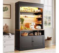 Buffet de Cuisine Noir - Haut 184cm, 2 Portes, 3 Étagères Latérales, Suspension et 6 Crochets, LED, Anti-Basculement