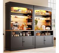 Buffet de Cuisine Noir Lot de 2 - Haut 184cm, 2 Portes, 3 Étagères Latérales, Suspension et 6 Crochets, LED, Anti-Basculement