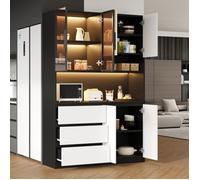 Buffet de cuisine vaisselier LED 6 portes 3 tiroirs avec niche micro-ondes noir et blanc 120,5 x 40 x 180 cm Grjofek