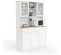 IDMARKET Buffet de cuisine vitré 120 cm VITO 5 portes + 1 tiroir blanc et plateau façon hêtre