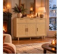 Buffet de rangement 107 9x40x80 cm 3 portes 3 tiroirs effet cannage grande capacité bahut salon salle à manger bois clair