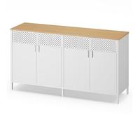 Buffet de Rangement en Acier, Armoire à Double Porte pour Salon, Fermeture Magnétique, Métal, Blanc et Chêne