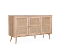 Alice's Home Buffet de Rangement en cannage Salon 120x39x70cm - Bohème - 2 Niveaux. 3 Portes. Pieds scandinaves
