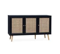 Buffet de rangement en cannage. noir 120x39x70cm - Bohème - 2 niveaux. 3 portes. pieds scandinaves. buffet bas