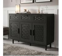 Buffet de rangement en rotin, Sorvaglos, 3 tiroirs, 3 portes, meuble de rangement pour salon,Noir,MDF,107.9 x 40 x 80 cm