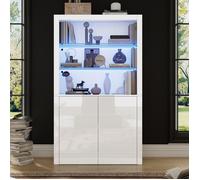 Buffet de salon 100x35x170cm, meuble de rangement laqué brillant, vitrine avec LED, plateau en verre trempé, armoire haute verticale